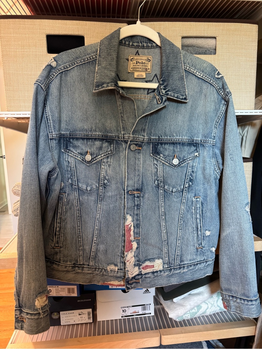 Polo by Ralph Lauren Light Blue Distressed Denim Jacket with Stars on back yoke